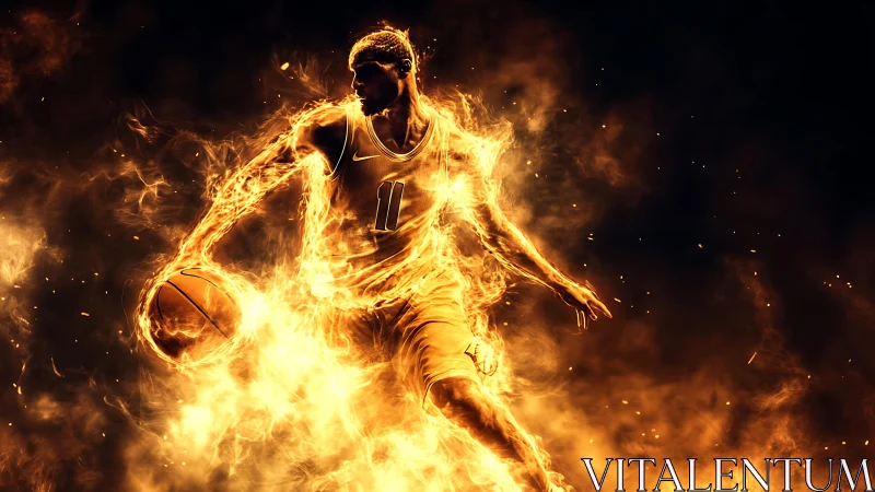 Fiery basketball player silhouette in blazing motion trail.