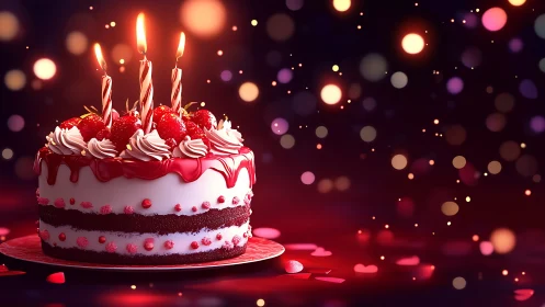 Velvet Cake with Lit Candles Against Ambient Bokeh Backdrop.