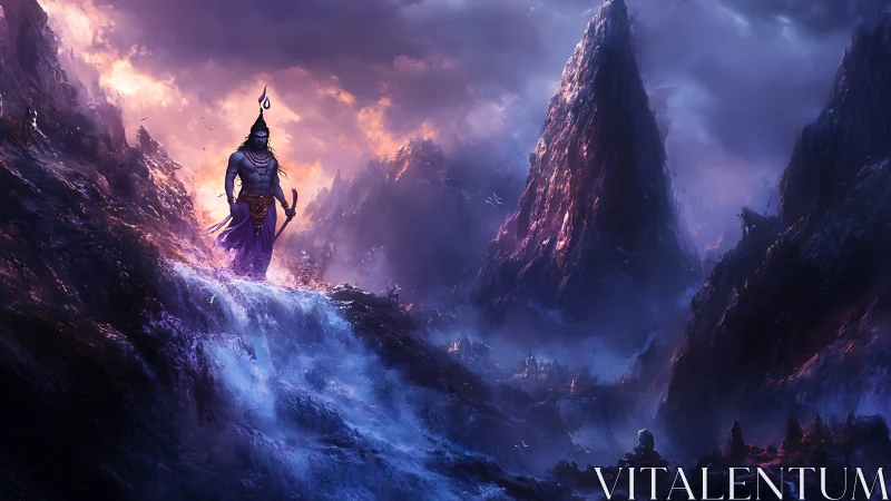 Mythic warrior above stormy violet mountainscape.