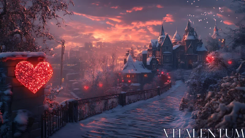 Snowy town path with glowing red heart lights at dusk.