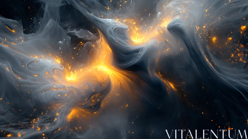 Swirling gray nebula wraps around bright orange plasma core