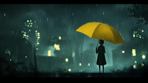 Silhouette with yellow umbrella in rainy night cityscape.