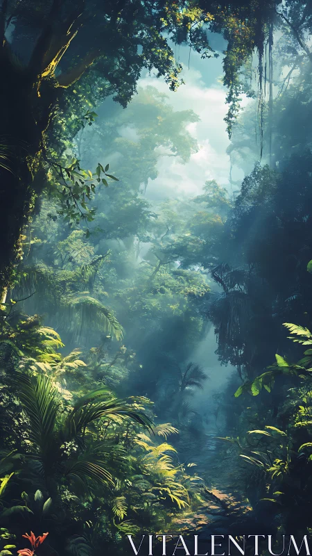 Mystical forest canyon with luminous canopy and misty depths.