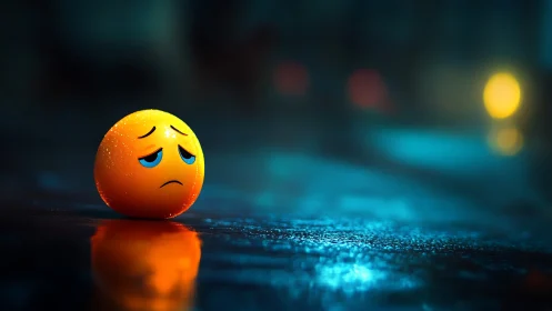 Lonely sad emoji resting on a rainy neon city street.
