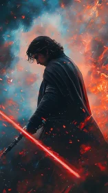 Dark warrior holding red energy blade amid burning storm