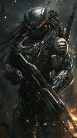 Helmed cybernetic hunter amid burning battlefield haze.