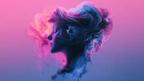 Neon vapor portrait merges feminine profile with swirling smoke.
