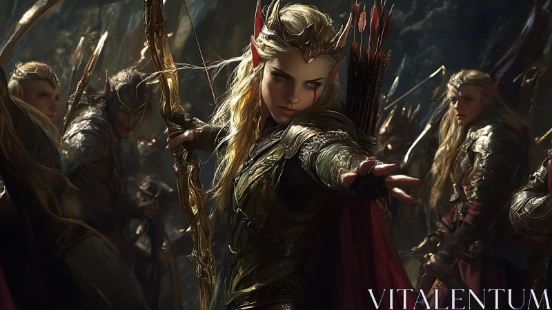 Elven archer draws bow amid armored warriors in forest battle
