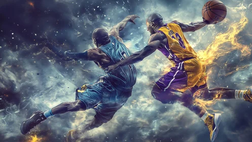 Digital rendering shows two basketball players in midair