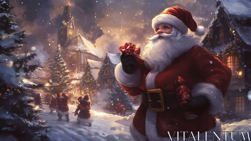 Santa Claus stands in snowy village holding wrapped gift