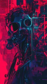 Cyborg skull profile in high contrast neon environment.