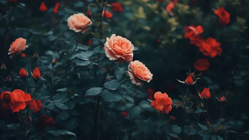 Coral Roses Bloom Through Moody Twilight Garden Dreams.