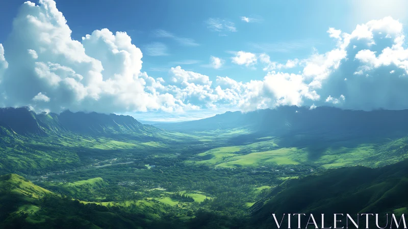 Expansive green valley with distant mountains under clouded sky.