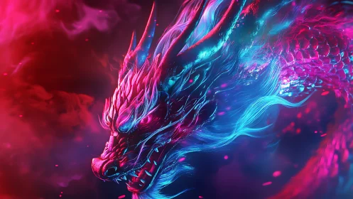 Radiant neon dragon glides through swirling cosmic clouds