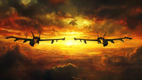 Twin fighter jets slicing through blazing sunset sky.
