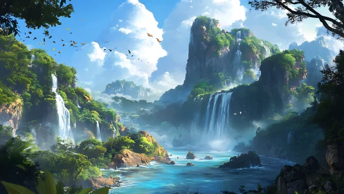 Cascading Waterfalls Through Emerald Mountain Valley