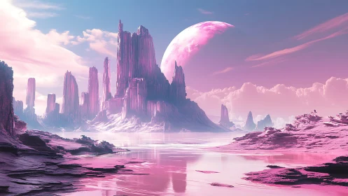 Pink alien mesas rise around reflective lake under huge moon