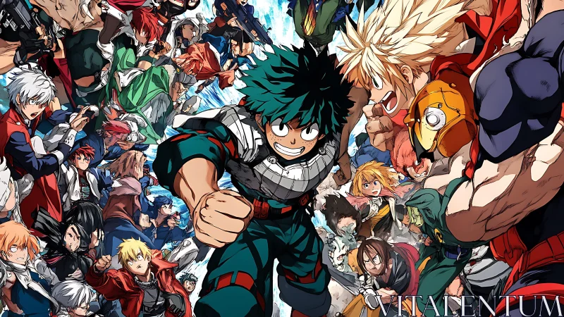 Shonen anime heroes charge forward in crowded action scene