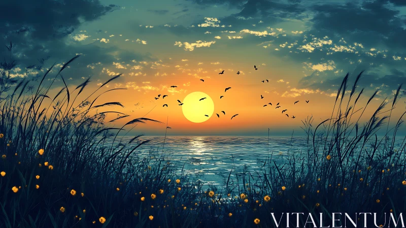 Backlit coastal sunset with silhouetted reeds and dynamic flock