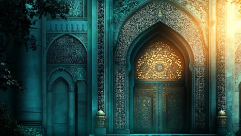 Gilded portal of emerald stone and whispered stories.