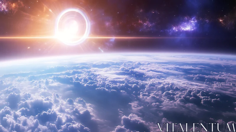 Luminous orbital sunrise with relativistic halo over cloudscape.