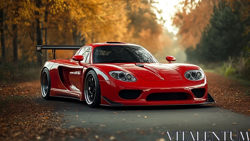 Aerodynamic red GT racer on autumn forest lane at dusk.