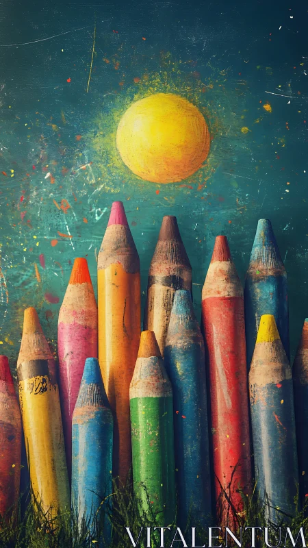 Colored pencils rise like a playful skyline beneath a painted sun