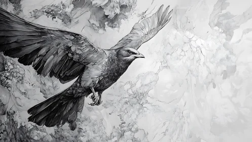 Ink-feathered raven surfing a storm of sculpted clouds.