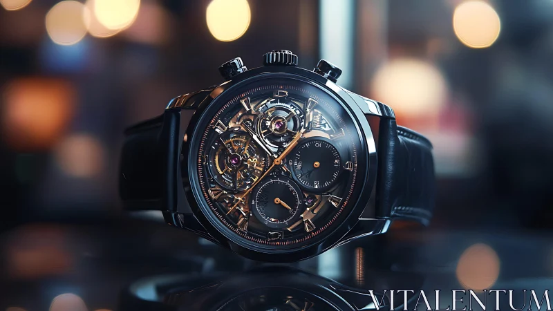 Skeleton mechanical chronograph watch with bokeh lighting.