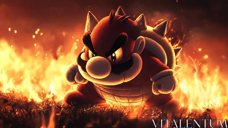 Volumetric-lit plush monster amid high-intensity procedural fire