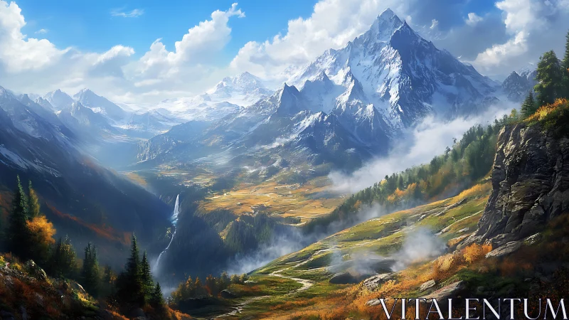 Sunlit alpine valley beneath towering snowcapped giants.