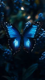 Luminous blue butterfly resting softly in a moonlit garden.