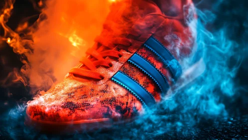 Fiery orange sneaker framed by blue smoke on dark ground.