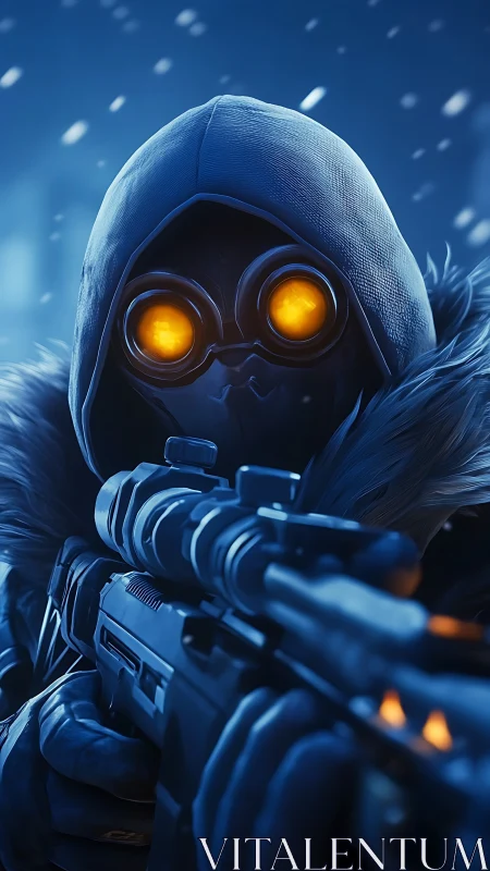Hooded cyber sniper aims through glowing amber goggles at night