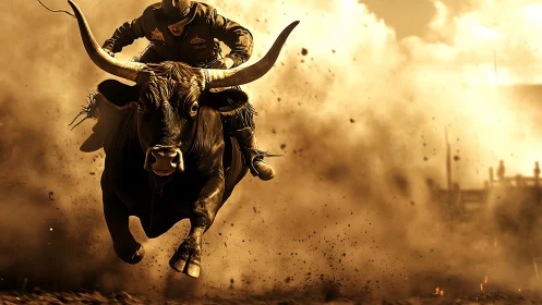 Rider maintains position on charging bull in dusty arena