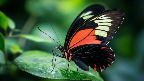 Luminous jungle butterfly poised on glossy emerald leaf.