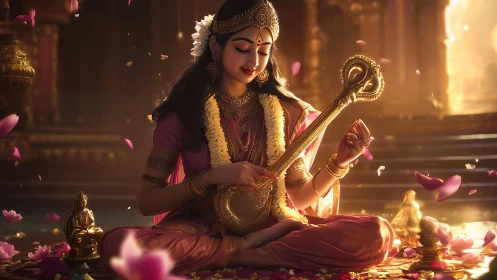 Seated veena player in ornate temple interior at dusk.
