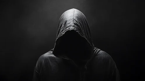 Hooded figure in low key lighting conceals identity completely