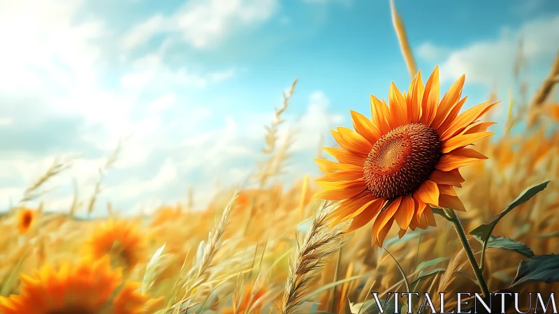 Digital painting of sunflowers in wind-swept summer field.
