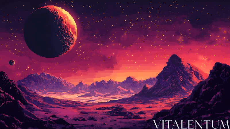 Pixel nebula skyline over alien mountain basin at dusk.