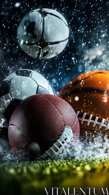 Multiple sports balls collide in dramatic stadium floodlights