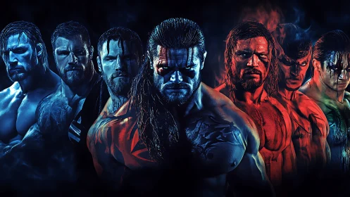 Brooding twin-warriors split by icy blue and burning red.