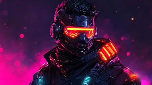 Neon-lit cyber soldier stands ready in glowing city haze