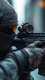 Armed figure aiming rifle with scope in close profile view.