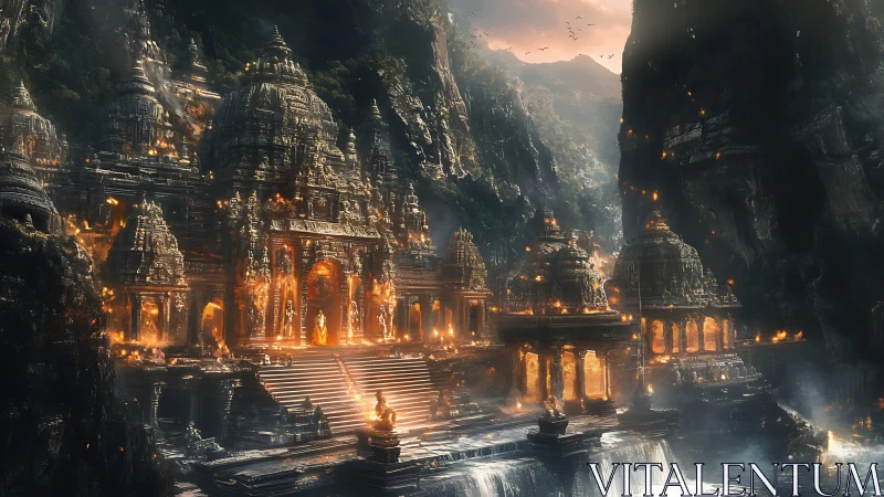 Golden mountain temples glow warmly above misty waterfalls