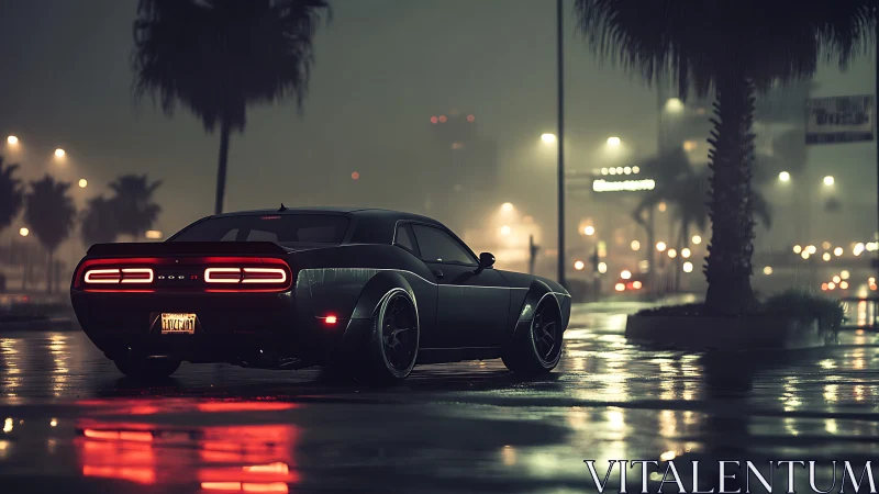 Muscle car taillights burn through wet neon city night