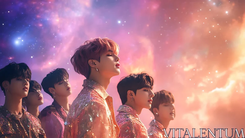 Starlit boy band drifting through iridescent cosmic dawn.