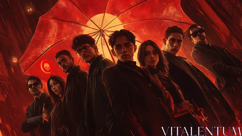 Neo-noir ensemble under crimson umbrella in rain-soaked alley