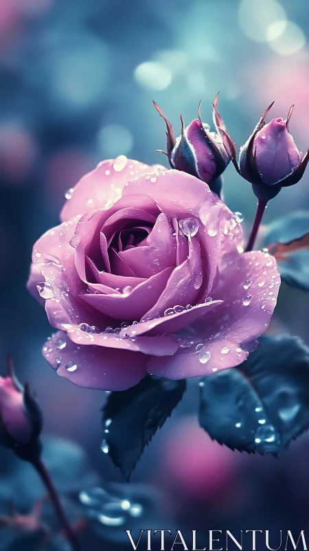 Purple rose with water droplets captured in soft focus light.