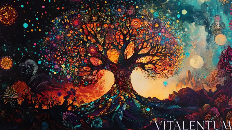 Cosmic roots drink starlight while dawn blooms through branches